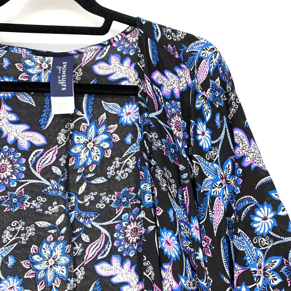Swimsuits For All Women's Sz 14/16 Kimono Swim Coverup Floral Black *NO BELT